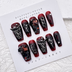 Vintage Angel Gothic Press On Nails: Burgundy Black Halloween Coffin Nails
