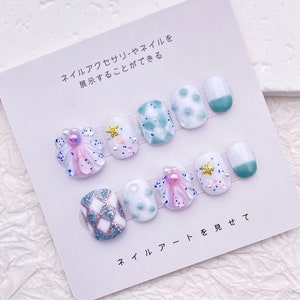 Cute Kawaii Short Summer Beach Nail/Bright Blue Plaid Acrylic Nail/Seaside Beachy Nail/Lovely Vacation Nail/Handmade Press On Nails
