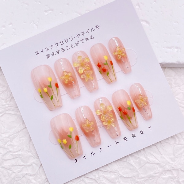 Pink Ombre Daisy Tulips Floral Pastel Press On Nails/Cute Flower Fake Nails/Candy Long Coffin Nails/Y2K Kawaii Summer False Nails