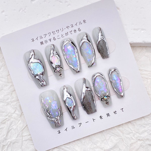 Glitter Metal Silver Press On Nails: Goth Punk Chrome Nail Design