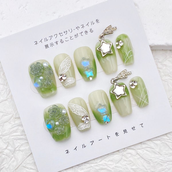 Delicate Crystal Flower Nail/Butterfly Wing Nails/Cute Medium Nails/Handmade Press on Nails/Green Ombre Nails/Pretty Spring Nails