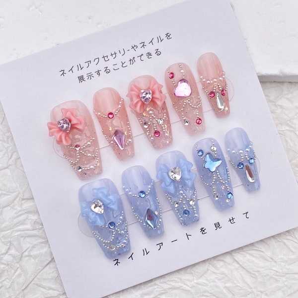 Kawaii Crystal Bow Nail/Pink Blue Nail/Two Tone Nail/Handmade Press on Nail/Cute Coffin Acrylic Nail/Lovely Sweet Princess Nail