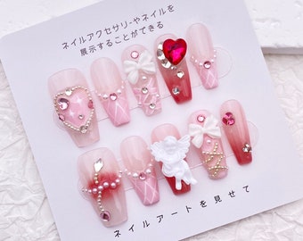 Sweetheart Ombre Pink Plaid Nail With Angel Bow/Cute Kawaii Crystal Glitter Nails/Japanese Anime Princess Press On Nails For Girls