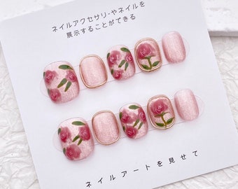 Lovely Pink Rose Nail/Simple Flower Nail Art/Cute Short Acrylic Nail/Handmade Press on Nails/Pink Cat Eye Nail/Spring Floral Nail