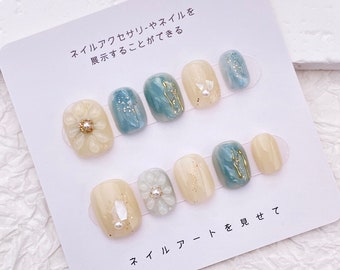 3D Flower Press On Nails: Blue Ombre Elegant Floral Nail Art, Short Round