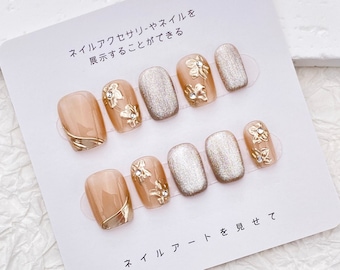 Simple Golden Flower Nail Art/Cat Eye Magnetic Nail/Glitter Floral Nail Designs/Handmade Press on Nails/Elegant Short Easy Nails