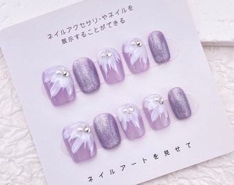 Simple Elegant Daisy Nail/Light Purple Flower Nails/Cute Short Floral Nail/Handmade Press on Nails/Lavender Nail for Wedding Prom