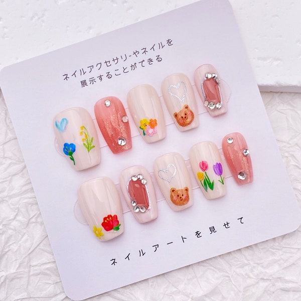 Cute Sweet Bear Nails/Hand Painted Flower Nail/Kawaii Handmade Press on Nails/Y2k Lovely Girl Nails/Popular Party Birthday Nails