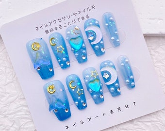 Beautiful Fresh Blue Beach Nail/Glitter Mermaid Acrylic Nail/Summer Seaside Nail/Handmade Press On Nail/Fancy Nail Charms