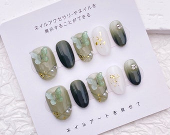 Exquisite 3d Butterfly Pearls Green Nails/Cute Almond Handmade Press On Nails/Spring Forest Nail Designs/Wedding Prom Nails