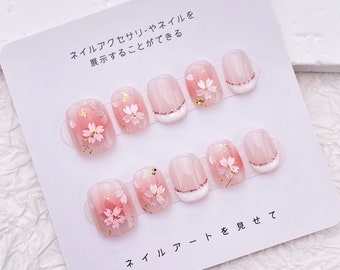 Delicate Sakura Flower Nail/Cute Short Light Pink French Tip Nail/Floral Handmade Press on Nails/Japanese Spring Nail