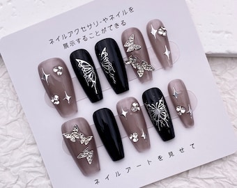 Glitter Butterfly Nail Charms/Sweet Cool Y2k Nails/Simple Cute Acrylic Coffin Nails/Black Punk Gothic Nails/Handmade Press On Nails