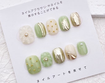 3d Flower Nail Art/Cute Short Acrylic Nail/Spring Light Green Nail/Handmade Press on Nails/Simple Floral Nail/Trendy Popular Nail