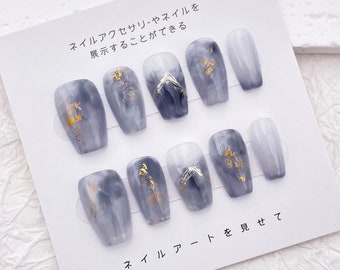 Blue Tie Dye Nail/Gold Foil Nail Design/Handmade Press on Nail/Cute Medium Acrylic Nail/Simple Easy Nail Art/Elegant Classy Nail