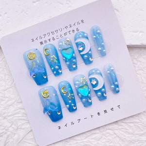 Schöner Frischer Blauer Strandnagel/Glitzer Meerjungfrau Acrylnagel/Sommer Meeresnagel/Handgefertigter Presse auf Nagel/Fancy Nagel Charms