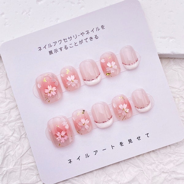 Delicate Sakura Flower Nail/Cute Short Light Pink French Tip Nail/Floral Handmade Press on Nails/Japanese Spring Nail