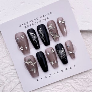 Glitter Butterfly Nail Charms/Sweet Cool Y2k Nails/Simple Cute Acrylic Coffin Nails/Black Punk Gothic Nails/Handmade Press On Nails