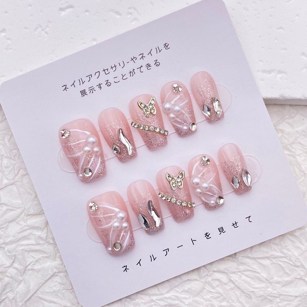 Delicate Crystal Nails Designs/Bling Sparkle Nails/Elegant Korean Pink Nails/Butterfly Pearls Handmade Press on nails for wedding