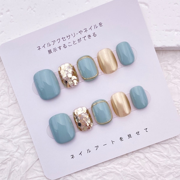 Fresh Baby Light Blue Champagne Nail/Cute Glitter Short Press On Nails/Simple Easy Minimalist Nails/Summer Beach Vacation Nail