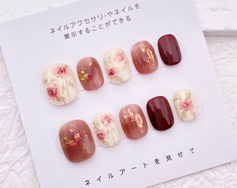 Lovely Rose Flower Nail/Cute Short Round Nail/Handmade Press on Nail/Simple Floral Nail Design/Valentines Wedding Nails Bridesmaids