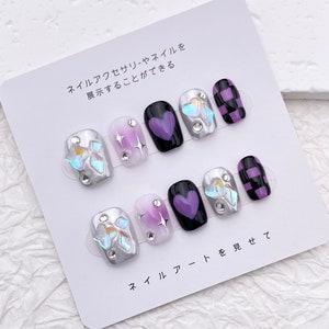 Y2K Press On Nails: Black Purple Plaid, Heart Star, Silver Glitter