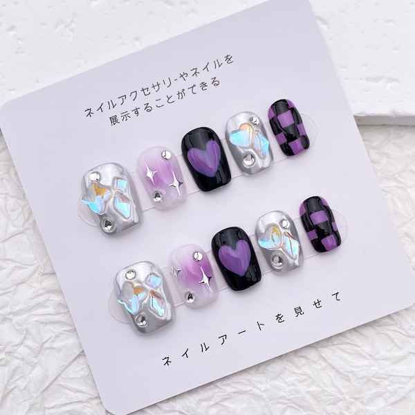 Cute Y2K Nails Short/Black Purple Plaid Nails/Heart Star Cool Punk Nail/Kawaii Press On Nails for party birthday/Silver Glitter Nails