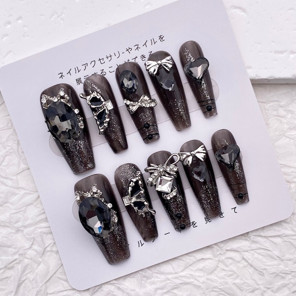 Luxury Handmade Rhinestone Black Press On Nails/Cool Goth Acrylic Coffin Nails/Glitter Black Extra Long Nail/Fabulous Gorgeous Nail