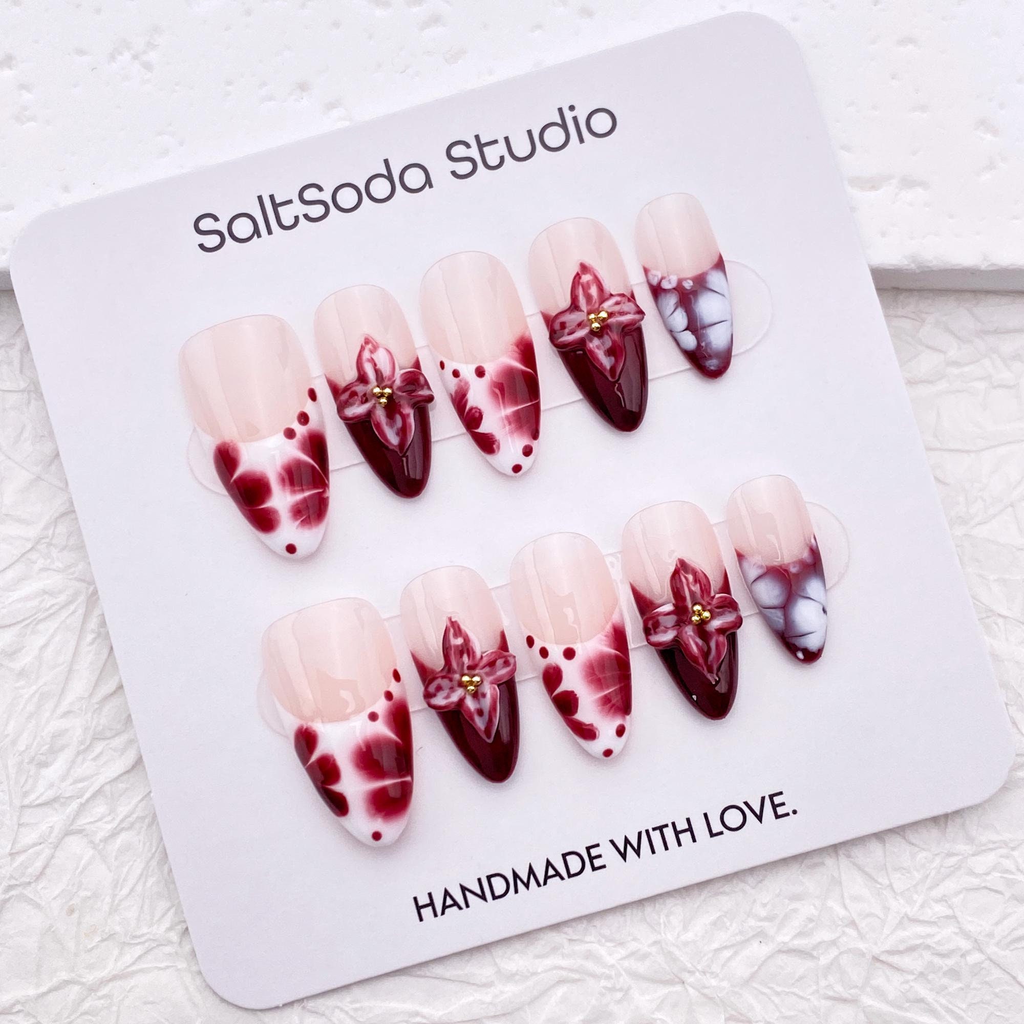 3d Flower Nail Design/Trendy Almond Shaped Nail/Burgundy French Tip Nail/Handmade Press on Nail/Elegant Classy Nail/Floral Nail Art