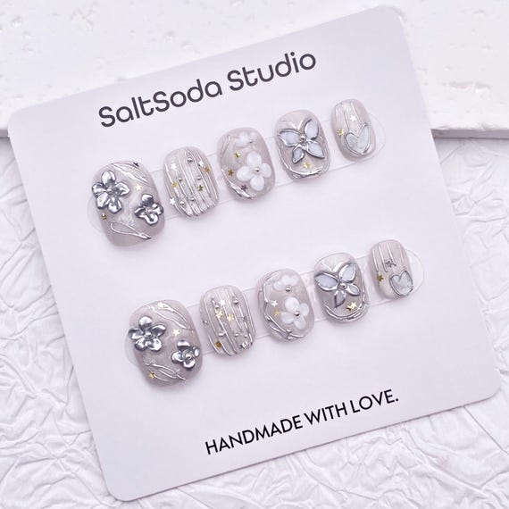 Silver Flower Butterfly Handmade Press On Nails: Short Round