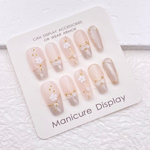 Uñas postizas con punta francesa de flor de cerezo para ella/uñas de ojos de gato/uñas postizas elegantes kawaii de estilo japonés