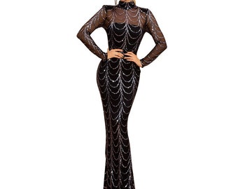 Black Sliver/Gold Sequins Floor Length Elegant Long Sleeve Evening / Party Dress.