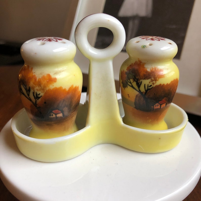 Warm Scenic Japanese Salt /& Pepper Shakers on Tray 3 Piece Set VINTAGE
