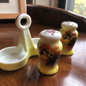 Warm Scenic Japanese Salt /& Pepper Shakers on Tray 3 Piece Set VINTAGE
