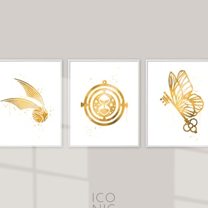 Gilded Printable Set of 3 Prints, Wizards Digital Download in Gold, Golden Wall Art, Golden Watercolor Posters, Golden Nursery Decor