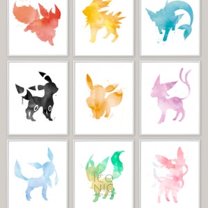 Eeveelutions Watercolor Prints Set of 9, Aesthetic Nursery Gallery Wall, Minimalist Gamer Kids Room Decor, Cute Whimsical Printable Art