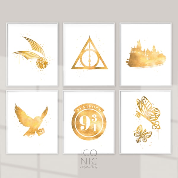 Magical Printable Set of 6 Prints, Wizards Digital Download, Wizards Wall Art in Gold, Wizards Nursery Decor, Wizards Watercolor Posters