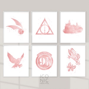 Wizards Printable Set of 6 Prints, Wizards Digital Download, Wizards Nursery Decor Pink, Magic Rose Watercolor Art Posters, Girly Room Decor
