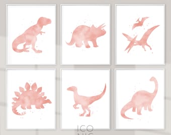 Printable Set 6 Watercolor Dinosaurs in Blush, Pink Dino Decor, Dinosaur Printable Prints, Rose Dinosaur Nursery Art, Downloadable Wall Art