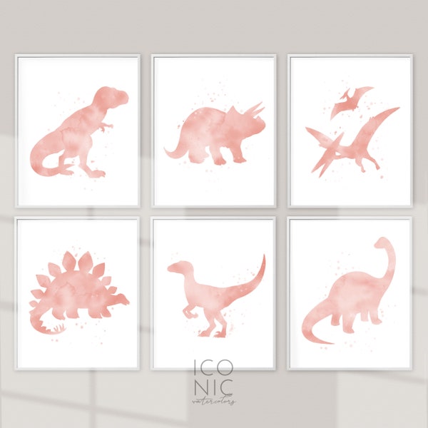 Printable Set 6 Watercolor Dinosaurs in Blush, Pink Dino Decor, Dinosaur Printable Prints, Rose Dinosaur Nursery Art, Downloadable Wall Art