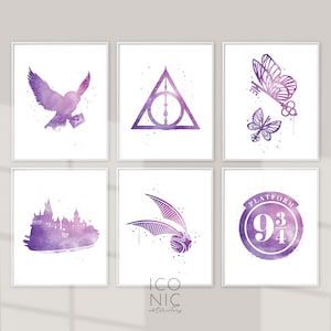 Wizards 6 Prints Set in Purple, Wizards Printables, Wizards Instant Download, Nursery Art, Purple Watercolor Poster Decor, Nursery Prints