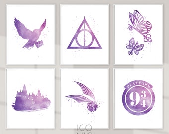 Wizards 6 Prints Set in Purple, Wizards Printables, Wizards Instant Download, Nursery Art, Purple Watercolor Poster Decor, Nursery Prints