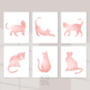 Druckbares Set 6 Kätzchen in Blush, süßes Kätzchen-Dekor, druckbare Drucke mit rosa Katzen, rosafarbene Aquarell-Katzen-Kinderzimmerkunst, digitaler Download mit mädchenhaften Katzen