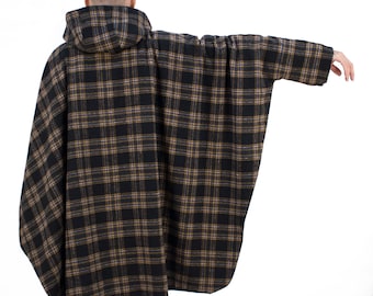 Waterproof Plaid Wool Poncho, Oversized Unisex Raincoat