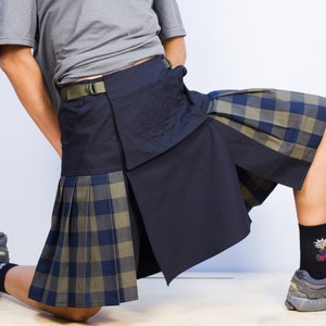 Men&#39;s Skirt, Man Kilt ,Stitched details, Pleated Skirt, Women&#39;s Skirt, Festival Skirt , Skirt with Belts, Blue skirt, Checker Skirt,