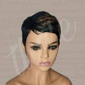 PETITE LILLIAN Beginners Wig Small Short Wig 100% Human Hair Pixie Bang Cut Full Wig Salt and Pepper Short Hair