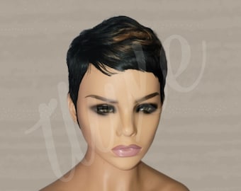 Perruque Pixie : Perruque courte en cheveux humains avec frange - Sel et poivre