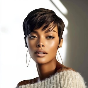 May include: A portrait of a person with short, dark hair and brown eyes. The person is wearing large, gold hoop earrings and a cream-colored sweater. The lighting is soft, highlighting the person's features.