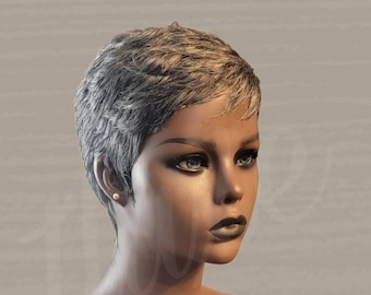 Perruque courte coupe pixie, 100 % cheveux humains, gris poivre et sel - Jamie