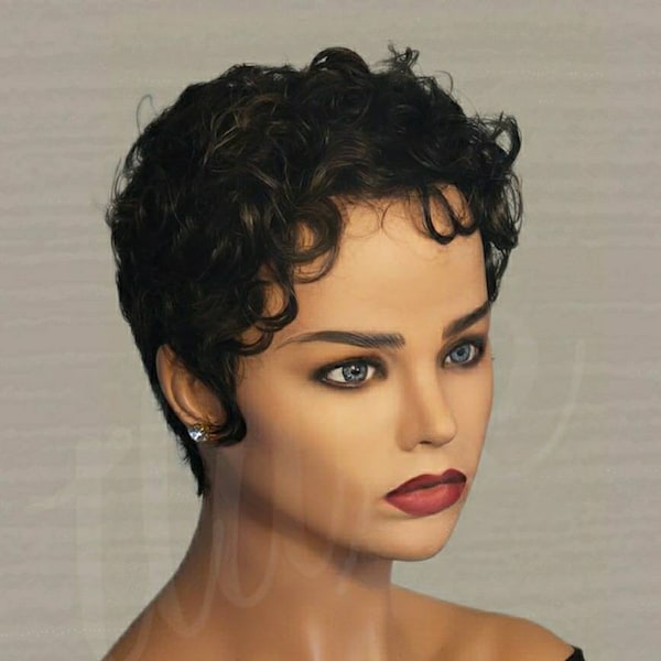 AVA -GLUELESS PIXIE Tapered Wet and Wavy Cut 100% Human Hair Wig