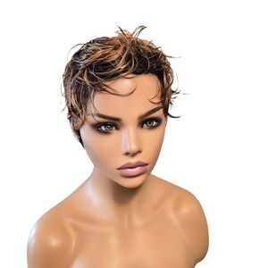 Petite Tapered Pixie Wig: Wet & Wavy Human Hair, Dark Root 27